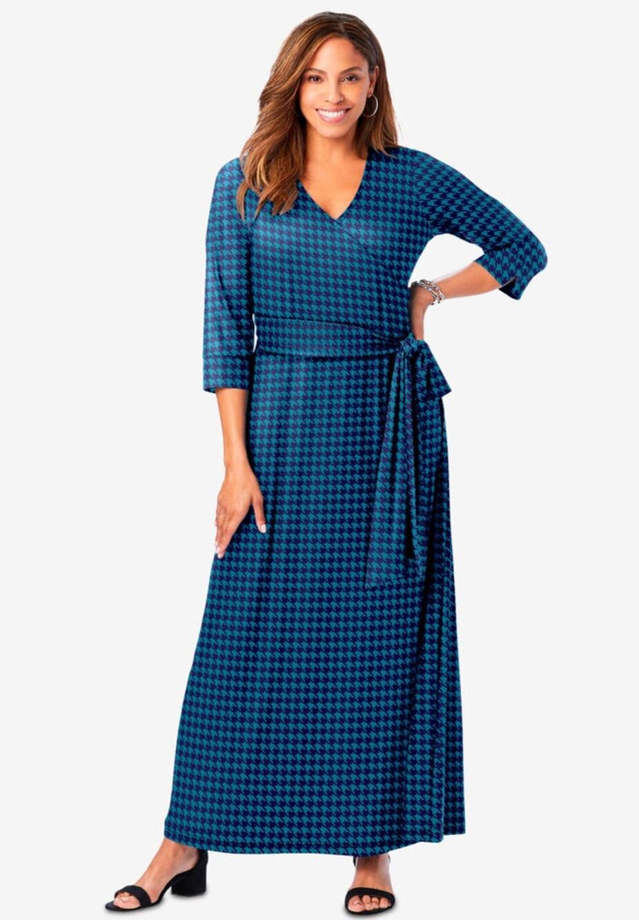 Jessica London Faux Wrap Midi Dress 14W Teal Houndstooth Office Casual Preppy